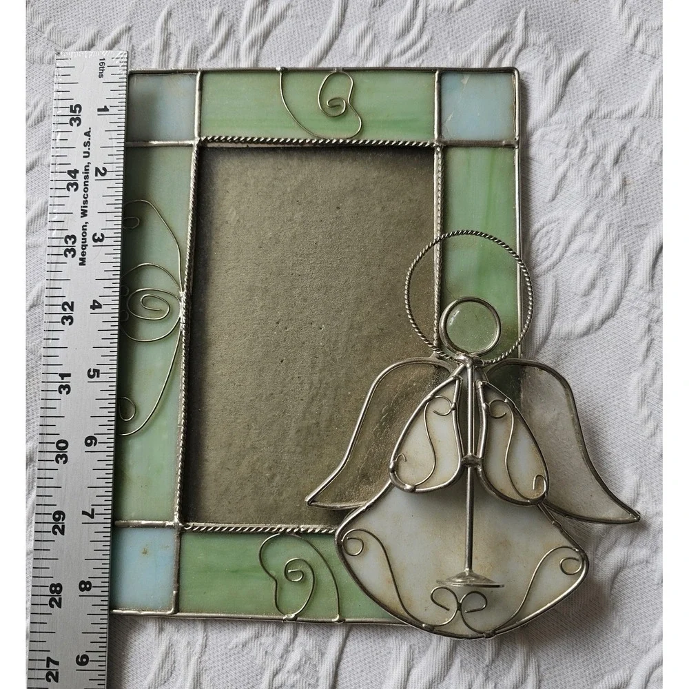 Vtg Stain Glass Frame 6 x 8 With 3d Angel, Greens And‎ Cream